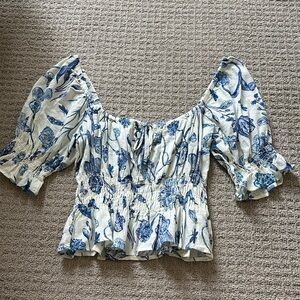 H&M Blue and White Peplum Puff Sleeve Blouse